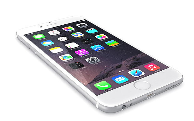 Apple Silver iPhone 6 Plus showing the home screen with iOS 8.