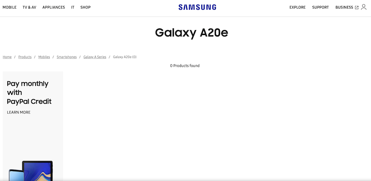 Samsung Galaxy A20e Page