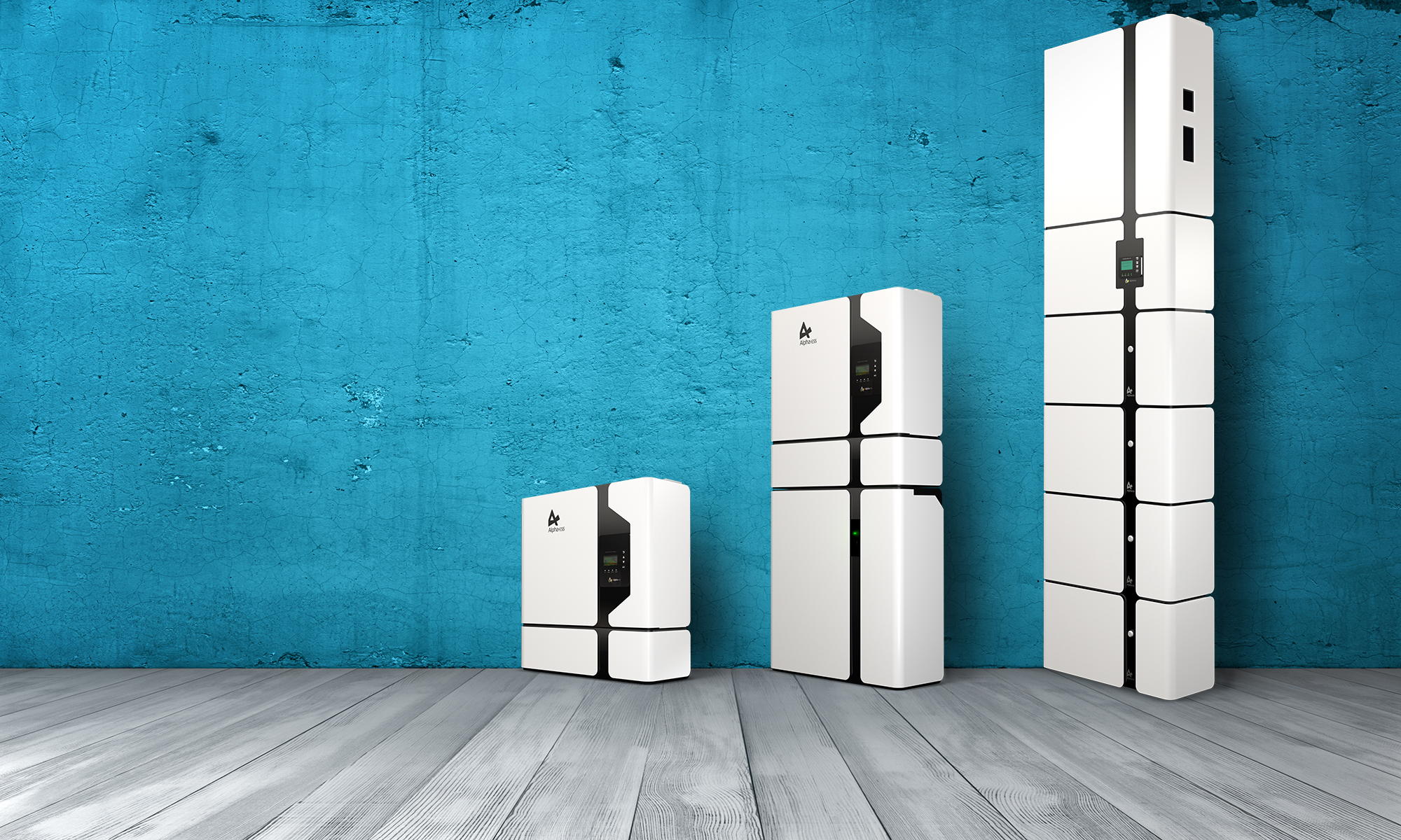 Rendering of interior with blue concrete wall and wooden floor.