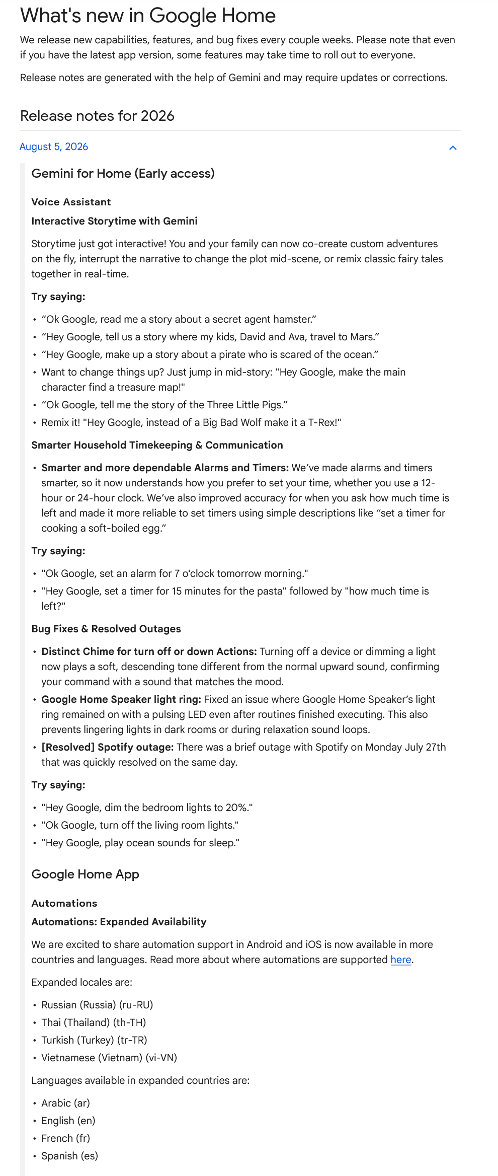 Google Home changelog srpen